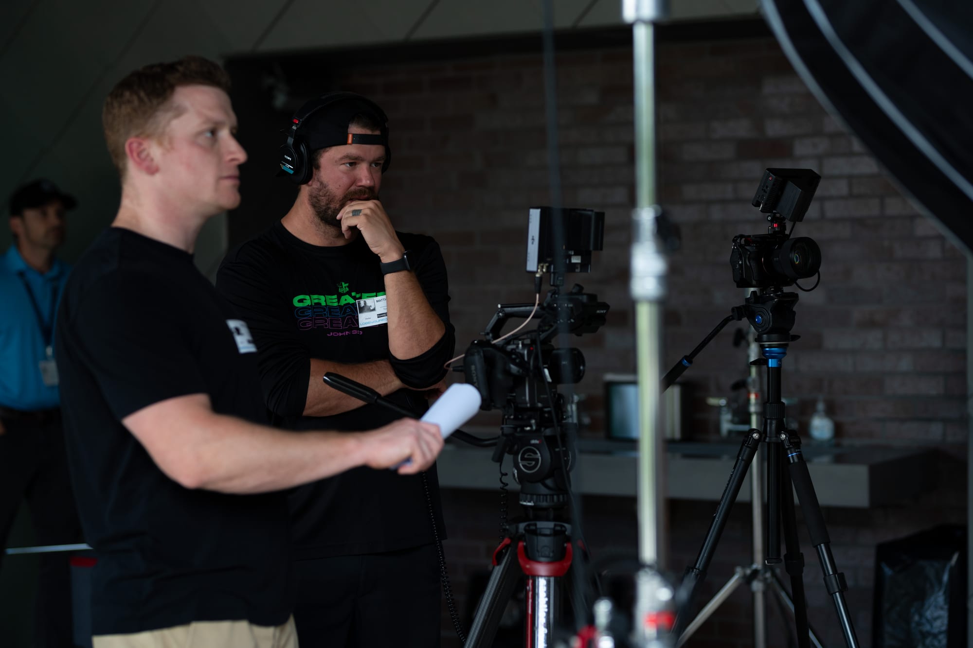 Crew filming an interview outdoors