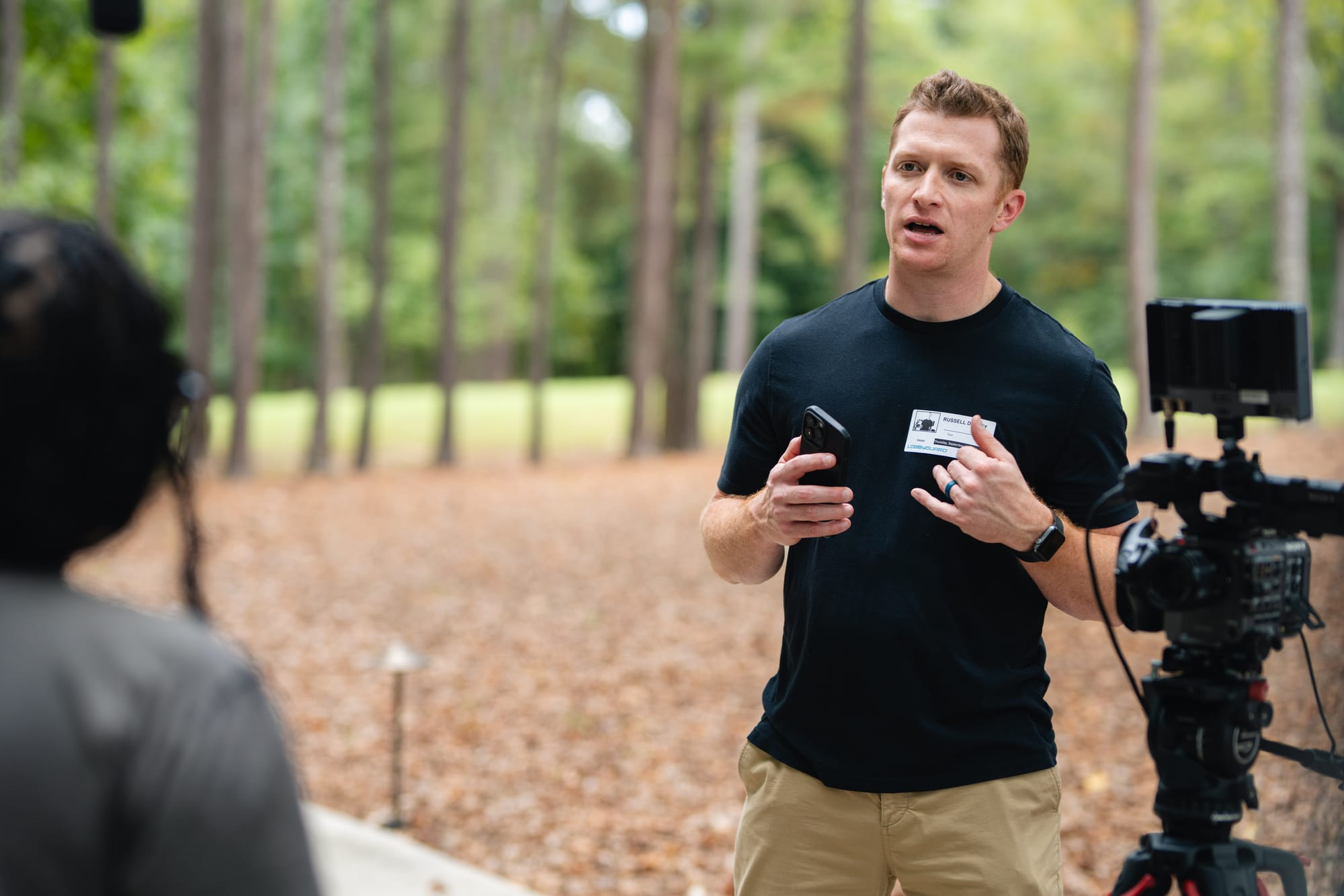 Crew member speaking on set