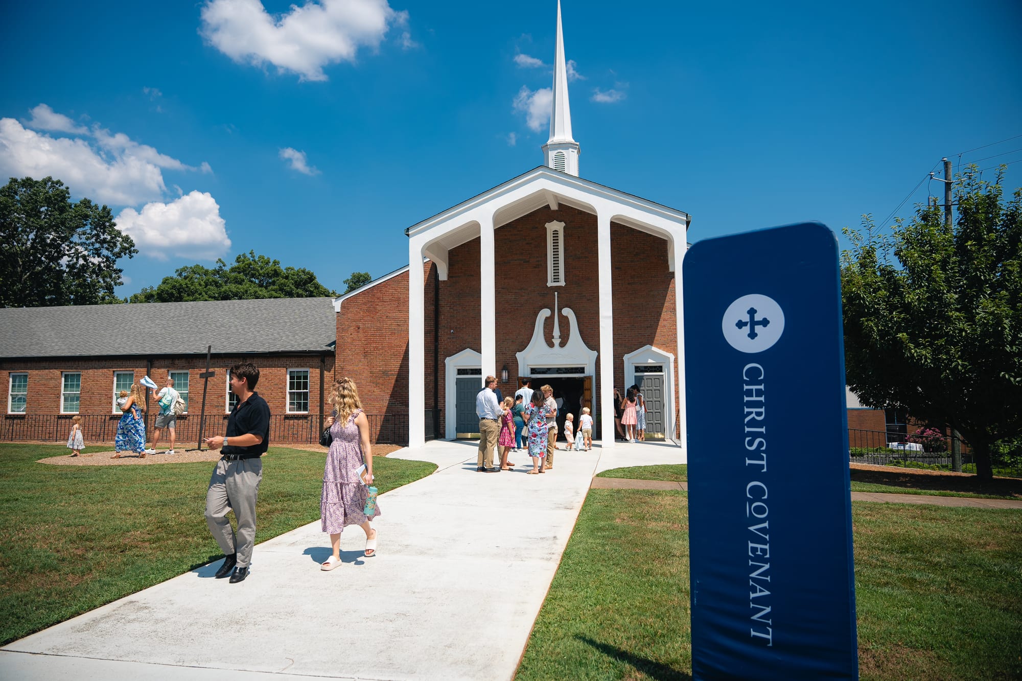 Church exterior with sign