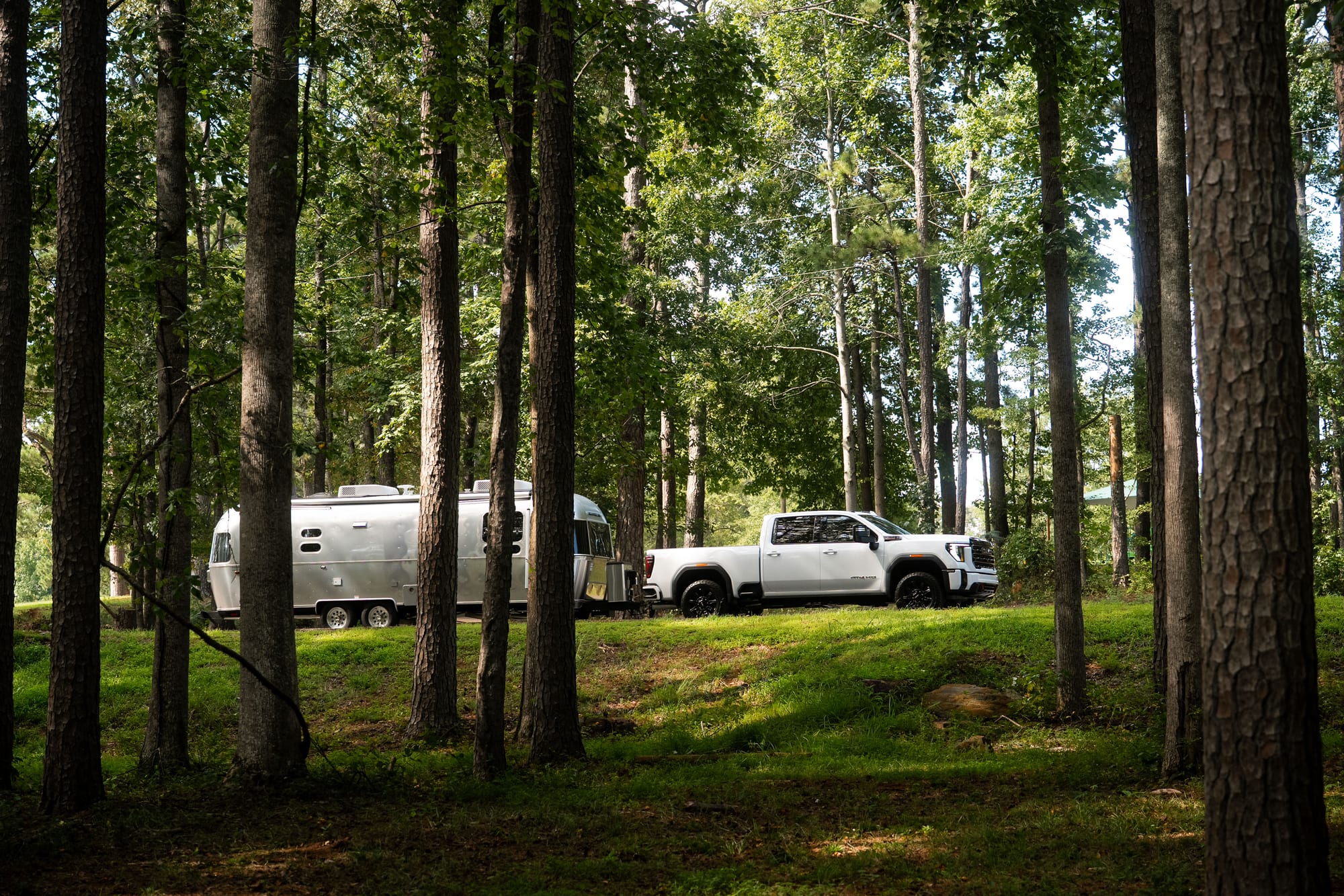 Truck and camper in the woods