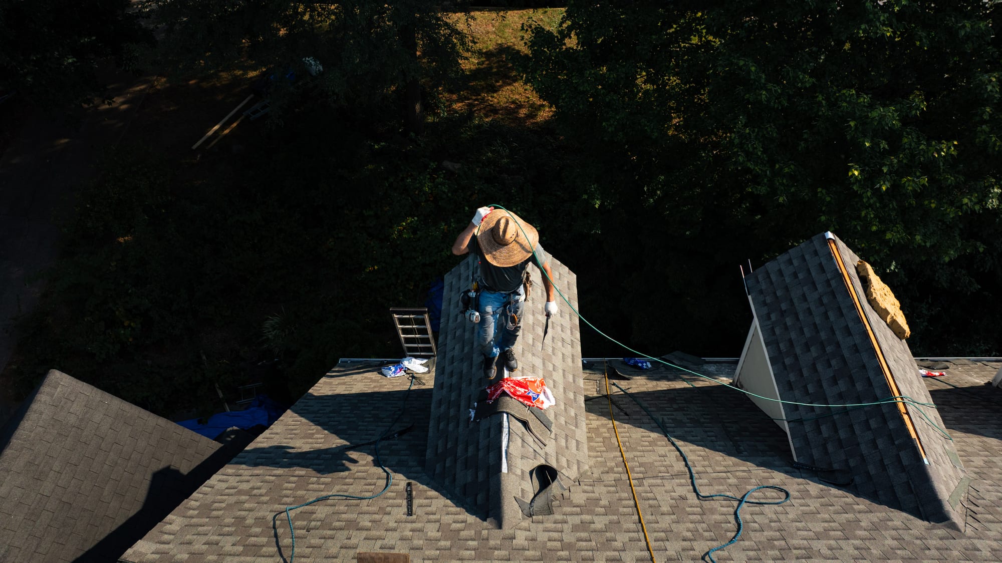 Aerial view of roofer at work