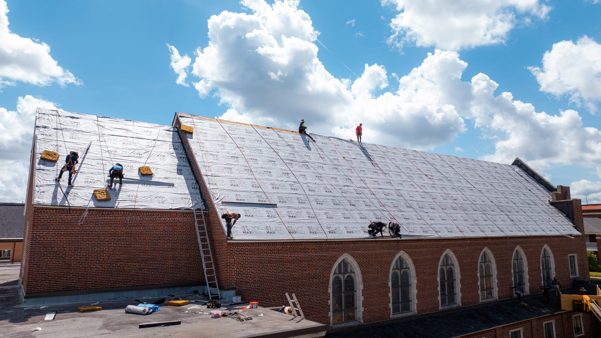 Aerial view of church roofing project
