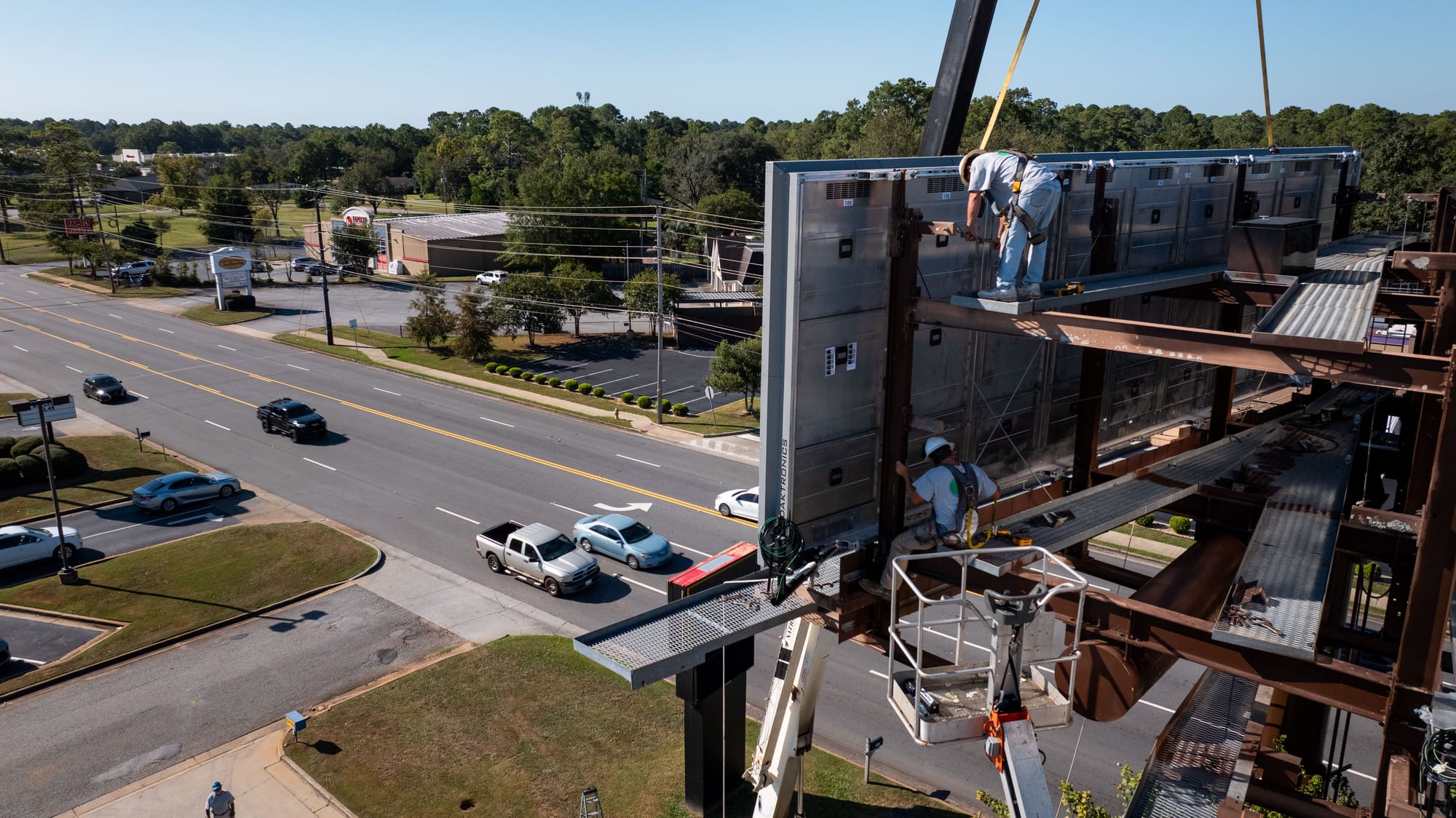 Aerial view of crane and steel installation