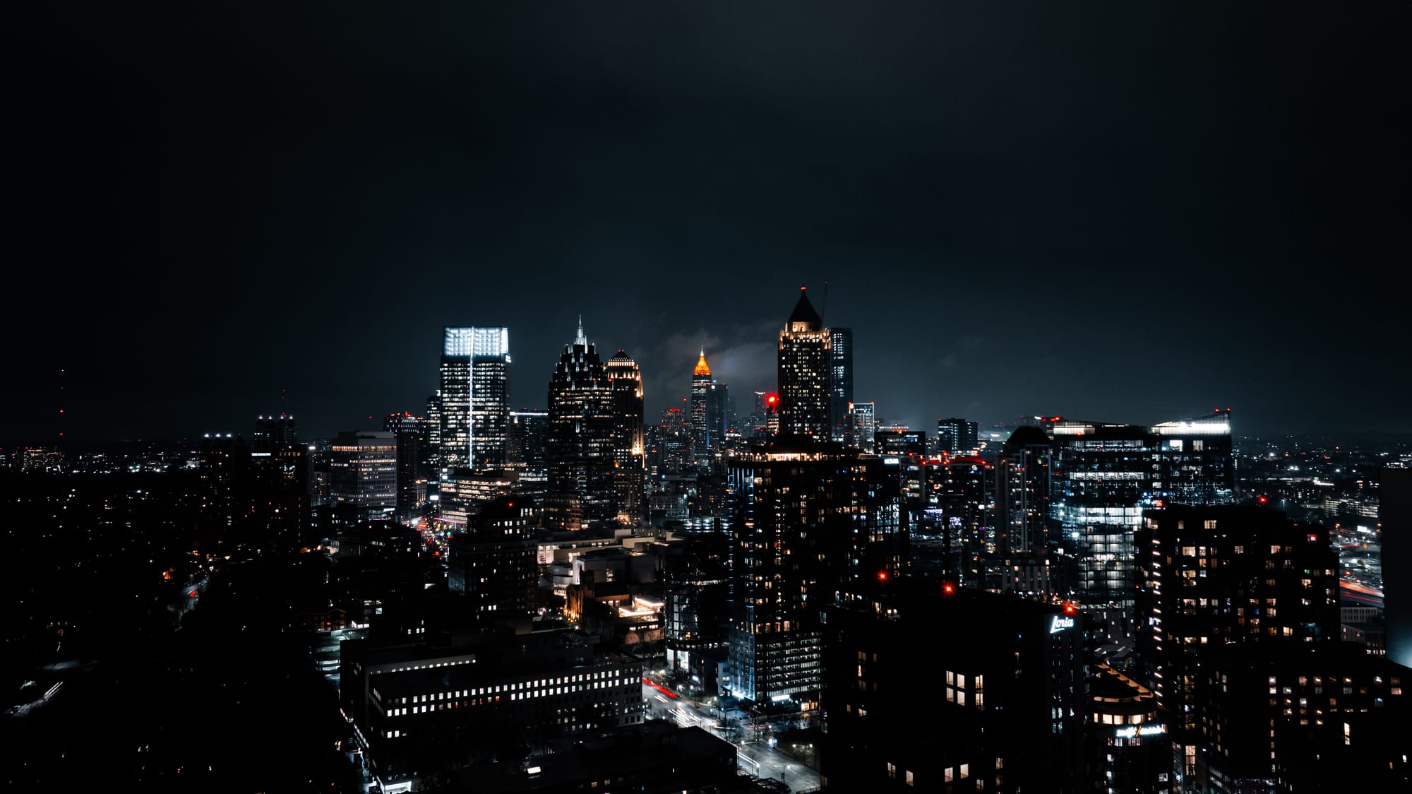 Aerial night city skyline