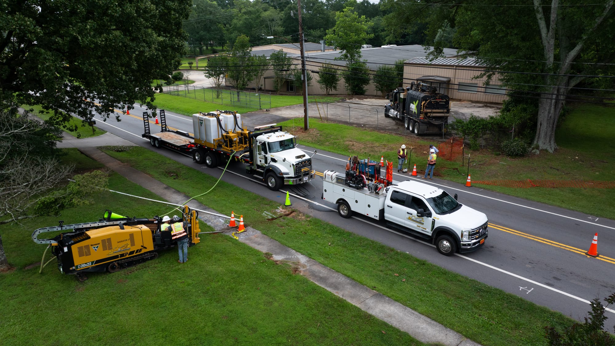 Aerial view of directional boring crew