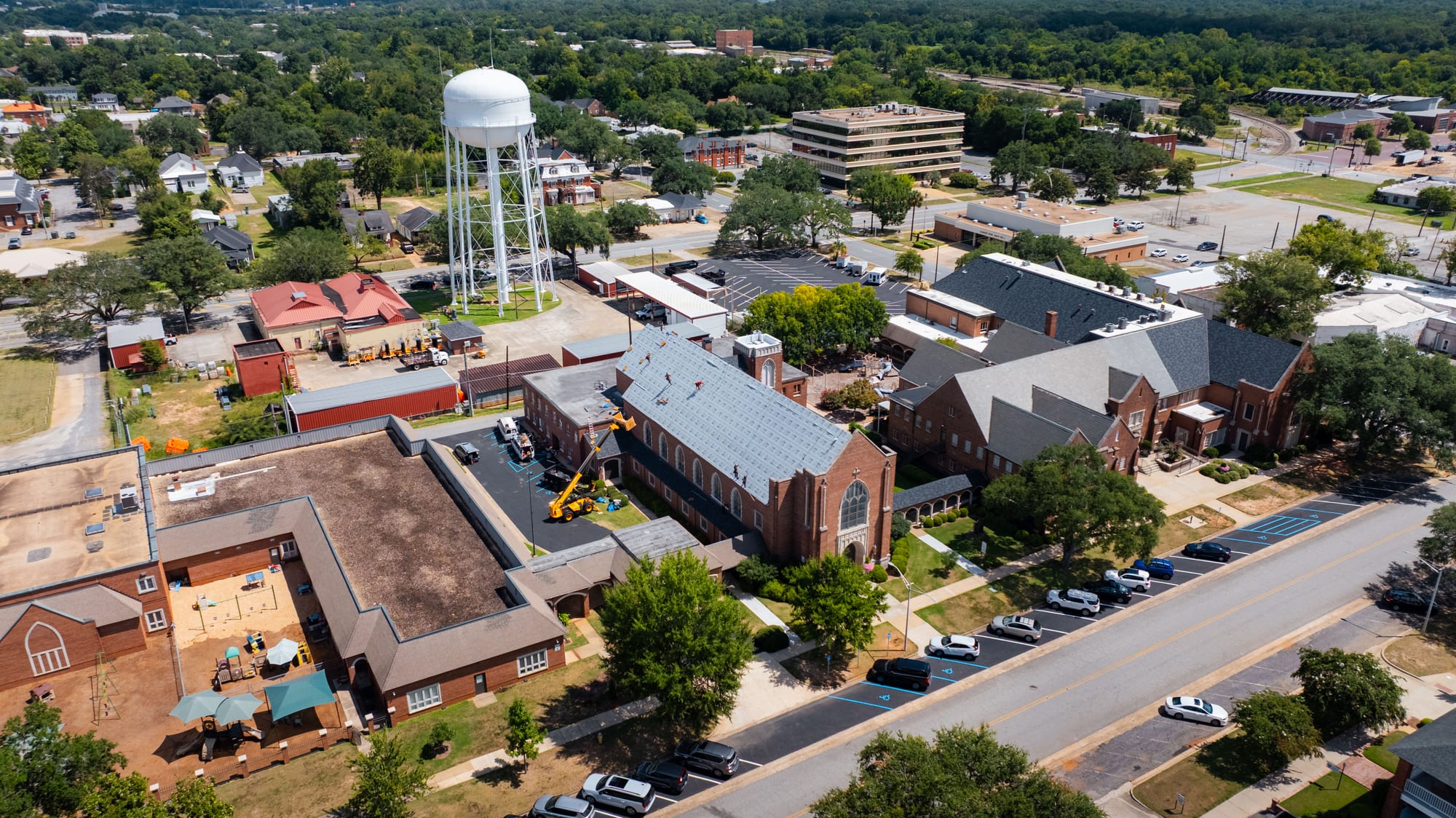 Aerial view of downtown church roofing