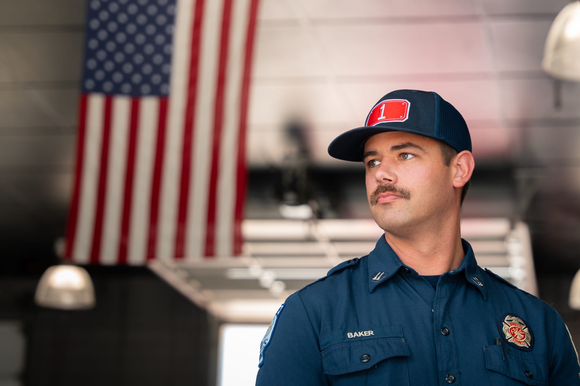 Firefighter portrait with flag