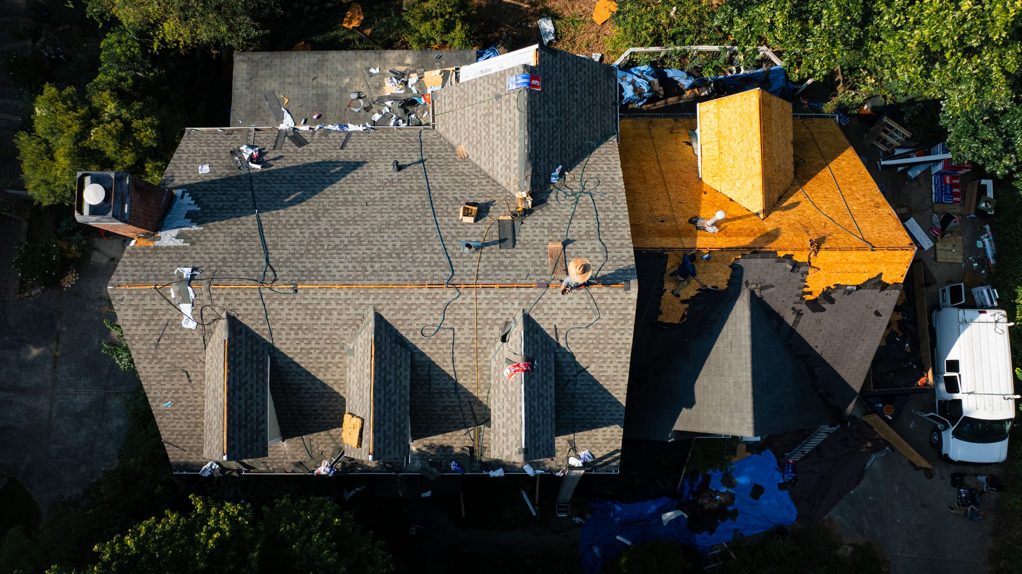 Aerial view of roofing crew