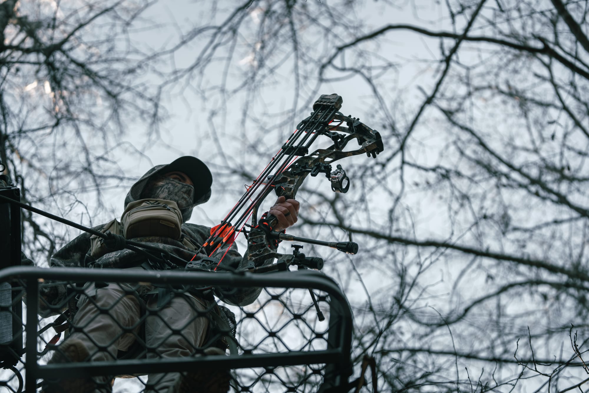 Bowhunter in treestand at dusk